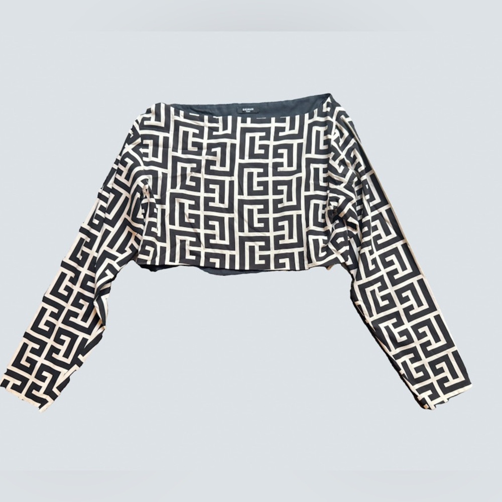 Women’s Balmain Monogram Viscose Cropped Long Sleeve Blouse | Size 36 (Small)